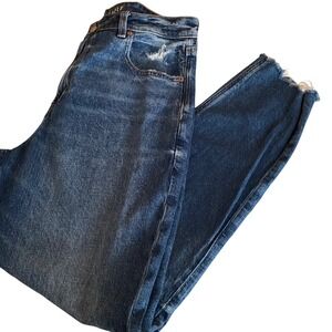 American Eagle Mom Jeans 12 Regular Dark Wash Distressed Strigid Raw Hem Jeans
